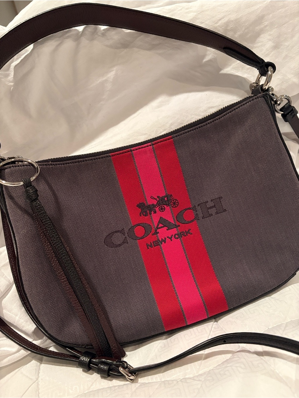 Coach Horse and Carriage Jacquard Sutton Crossbody Bag Pink & Red Center Stripe - Picture 14 of 16